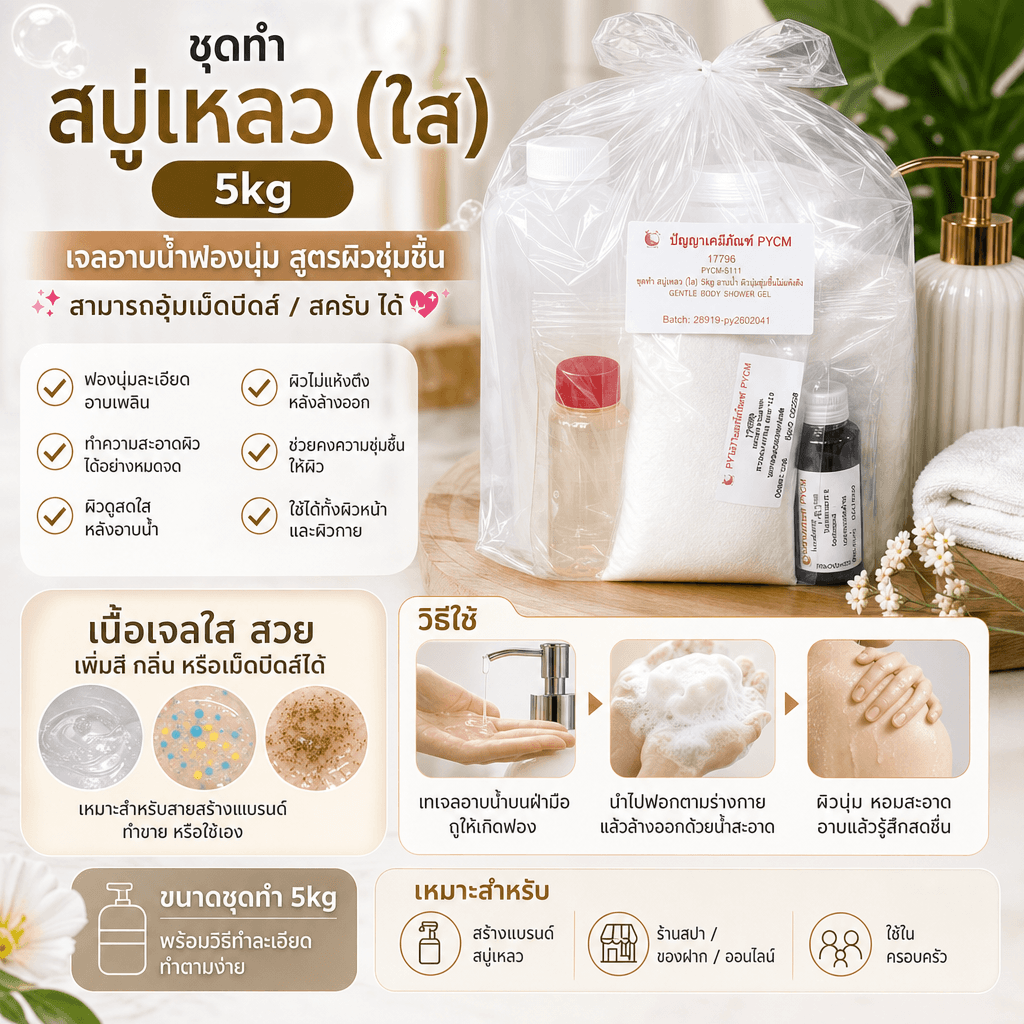 17796 ชุดทำ สบู่เหลว (ใส) -5kg อาบน้ำ ผิวนุ่มชุ่มชื้นไม่แห้งตึงหลังอาบ (อุ้มเม็ดบีดส์/สครับได้)